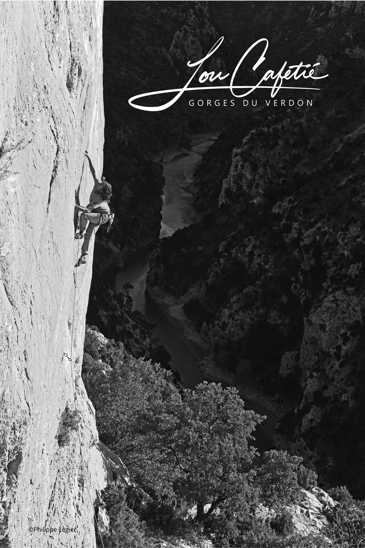 Affiche Lou Cafetié : un grimpeur en paroi au-dessus des Gorges du Verdon
