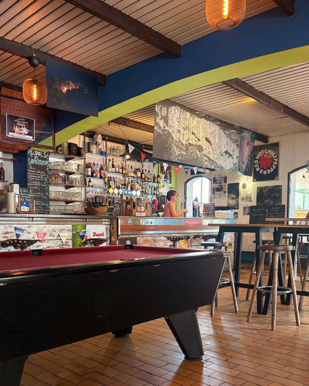The bar room: the pool table, the counter and its taps, the high tables